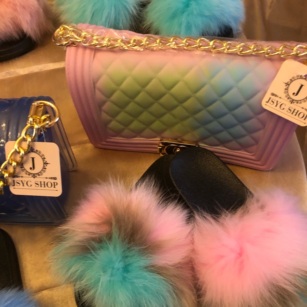 Fur Slides with matching jelly purse